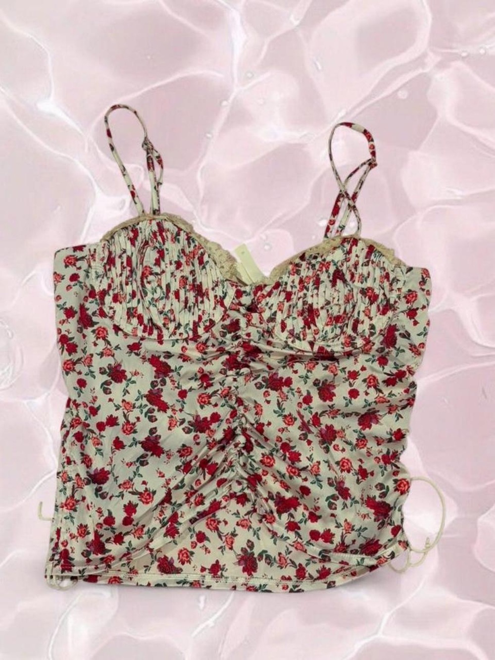 For Love And Lemons Cream Cami Top with Red Rose Print